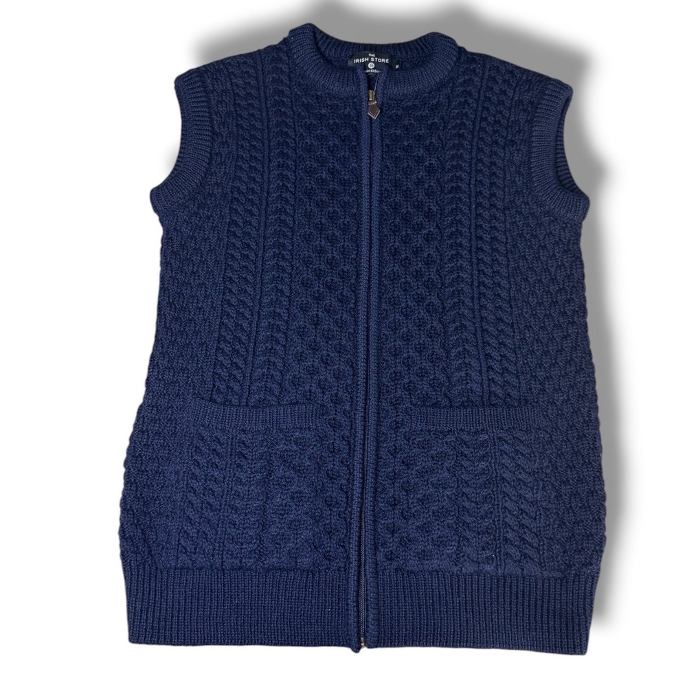 The Irish Store Fisherman Zipper Vest Mens Medium Navy Blue Merino Wool Aran